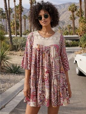 Umgee Boho Paisley Lace Yoke Dress S Flowy Peasant Anthropologie Festival Vibes